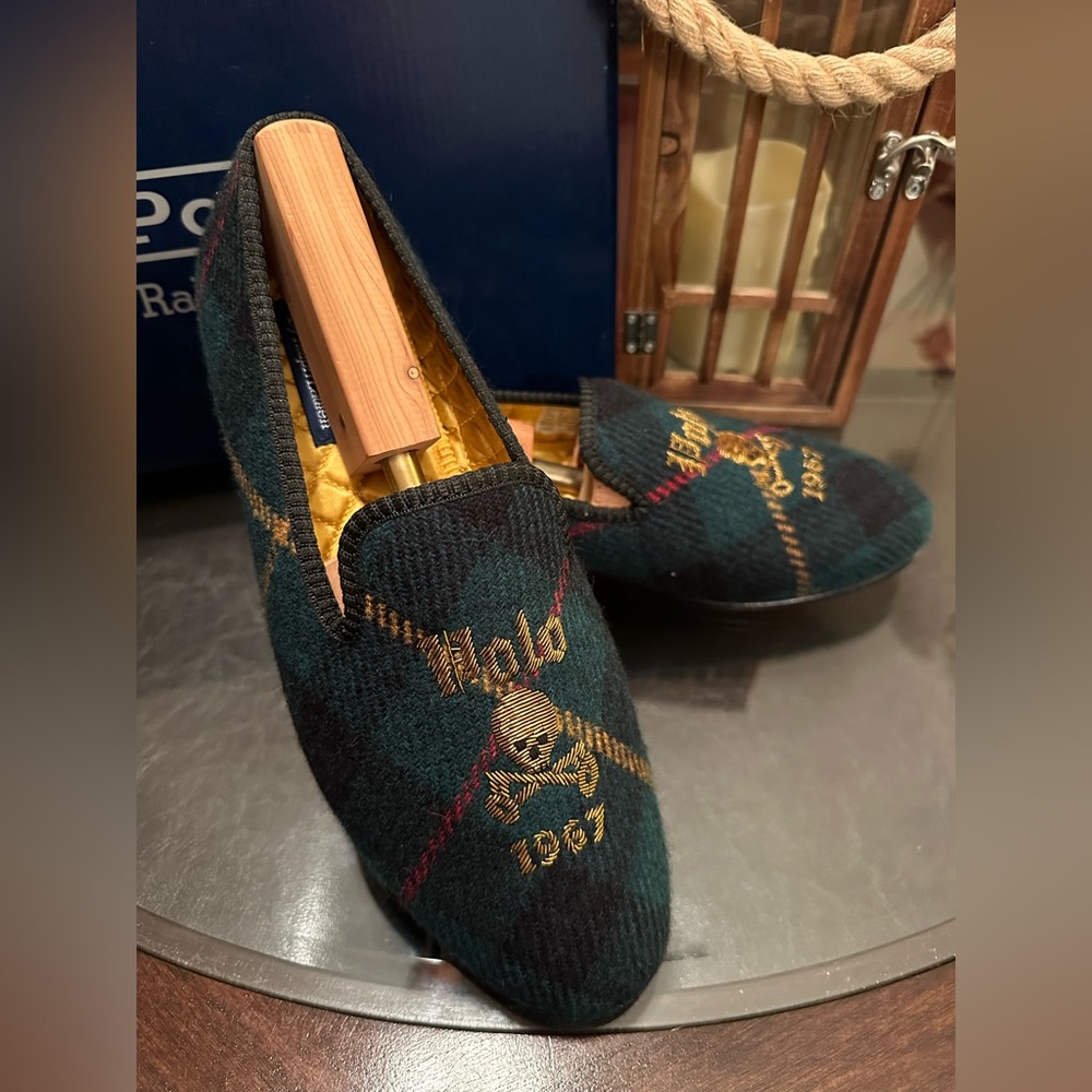 Ralph Lauren Collis Gent’s Size 10.5D Wool Tartan Skull Slippers Shoes New Box